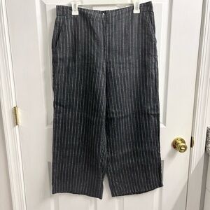Eileen Fisher Linen Wide Leg Pull On Pants Cropped Striped Dark Grey Medium
